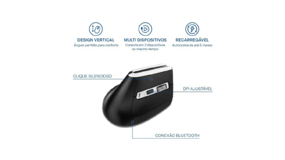 Mouse sem Fio Multilaser, Ergonômico, Vertical, Bluetooth, USB, 3200 DPI Ajustável, 6 Botões, MS900