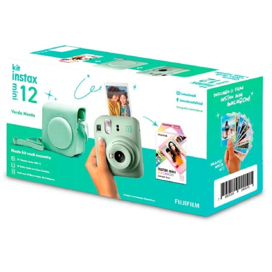 Kit Câmera Instax Mini 12 Verde + Pack 10 Filmes Macaron + Bolsa