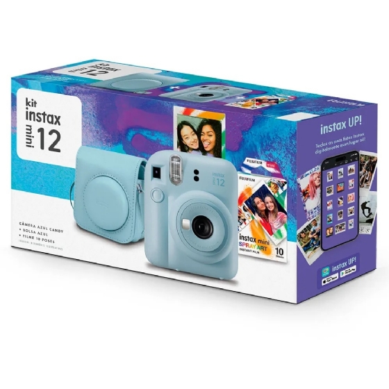 Kit Câmera Instax Mini 12 Azul + Pack 10 Filmes Spray Art + Bolsa