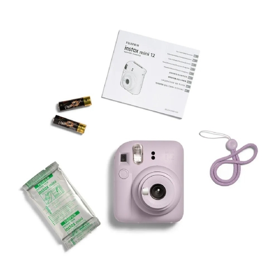 Kit Câmera Instax Mini 12 Lilas + Pack 10 Filmes Spray Art + Bolsa