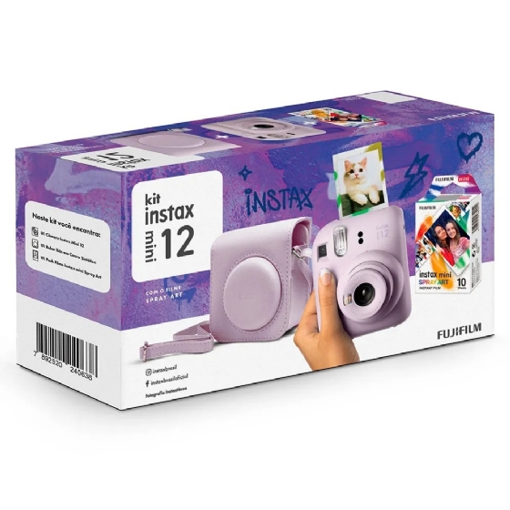 Kit Câmera Instax Mini 12 Lilas + Pack 10 Filmes Spray Art + Bolsa
