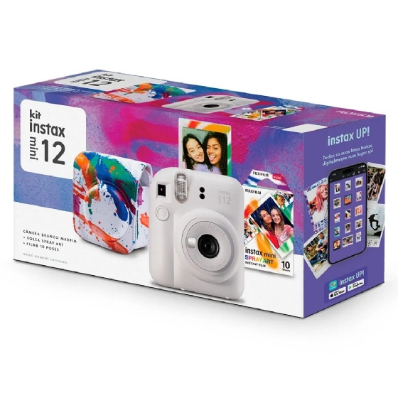 Kit Câmera Instax Mini 12 Branca + Pack 10 Filmes Spray Art + Bolsa