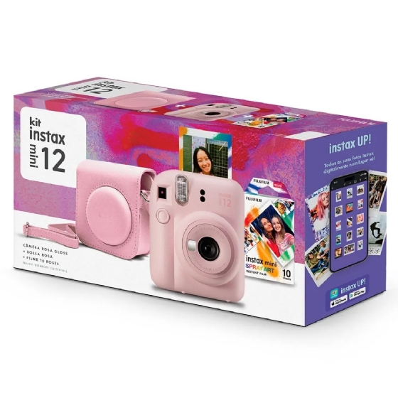 Kit Câmera Instax Mini 12 Rosa + Pack 10 Filmes Spray Art + Bolsa
