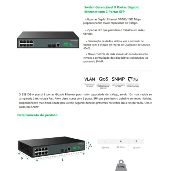 Switch Gerenciavel 08P Gigabit 10/100/1000 + 2 SFP SG2310G-A - Intelbras