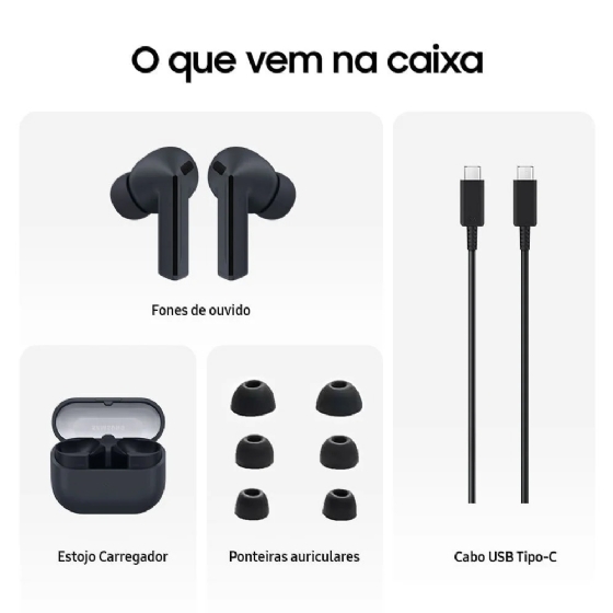 Fone de Ouvido TWS Samsung Galaxy BUDS3 Fe Preto, Bluetooth, ANC Ativo, Galaxy AI, IP54