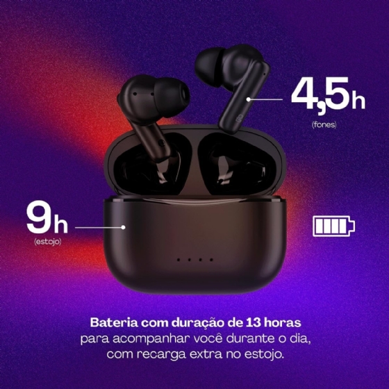 Fone de Ouvido TWS Geonav Style Beats, Bluetooth 5.4, 13H Bateria, Microfone, IPX4, AER16BK, Preto