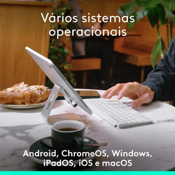 Teclado sem Fio Logitech Keys-To-Go 2, BT, para Tablets, iPad, macOS, Windows, Capa Integrada, Branco