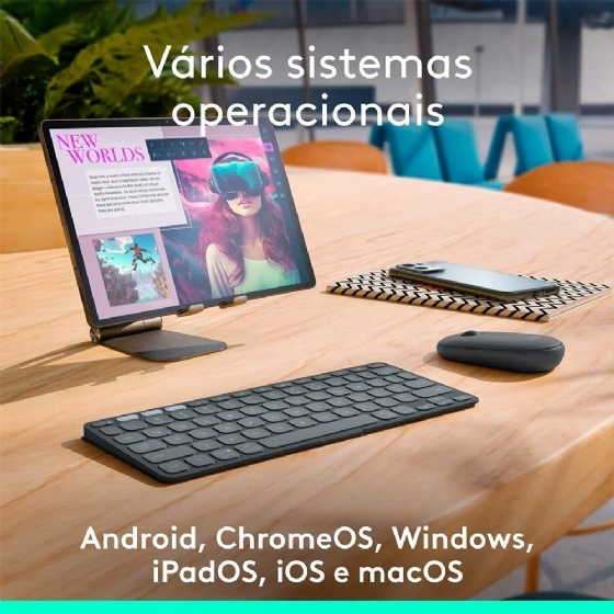 Teclado sem Fio Logitech Keys-To-Go 2, BT, para Tablets, iPad, macOS, Windows, Capa Integrada, Grafite