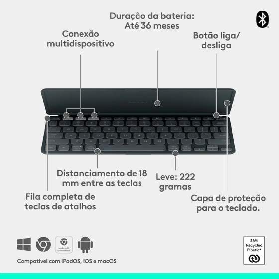 Teclado sem Fio Logitech Keys-To-Go 2, BT, para Tablets, iPad, macOS, Windows, Capa Integrada, Grafite