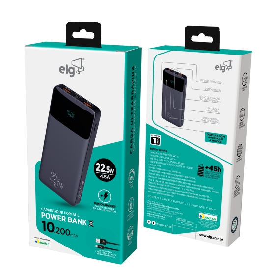 Carregador Portátil Universal ELG, 10200mAh, 2 USB-a, USB-C, Preto, com Display Indicador, PB102BK