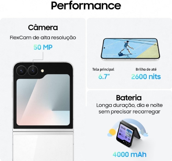 Smartphone Samsung Galaxy Z FLIP7 5G, 256GB, 12GB de RAM, Tela de 6,9" + 4,1", Câmera 50MP, Jetblack