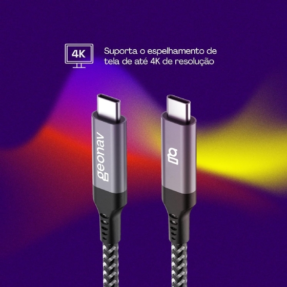 Cabo Geonav USB-C para USB-C, em Nylon Trançado, Preto, 1,5 Metros, UCC07