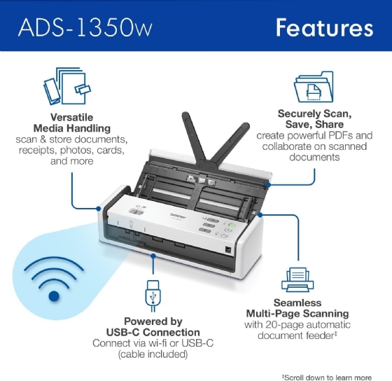 Scanner de Portátil Brother ADS1350 Duplex 30-60PPM Color