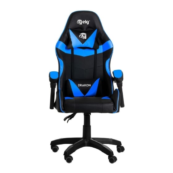 Cadeira Gamer ELG Drakon, Apoio Cervical/Lombar, Inclinação Encosto, até 140kg - Preto/Azul