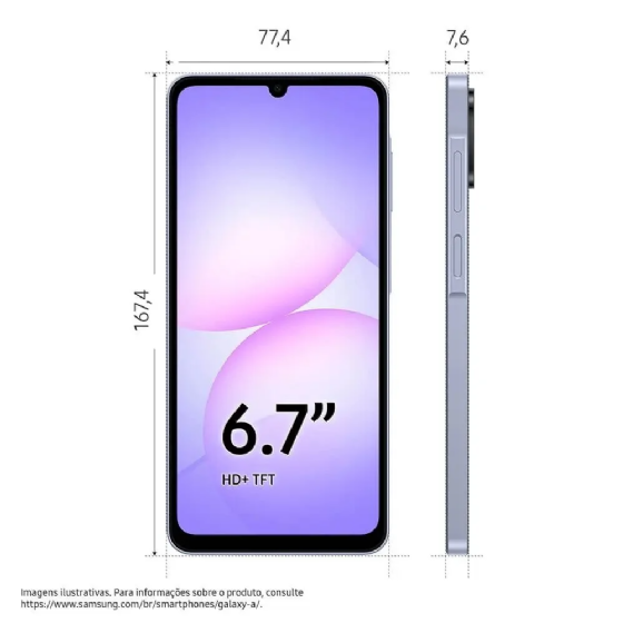 Smartphone Samsung Galaxy A07, 256GB, 8GB RAM, Câmera 50MP + Selfie 8MP, Tela 6,7" - Violeta
