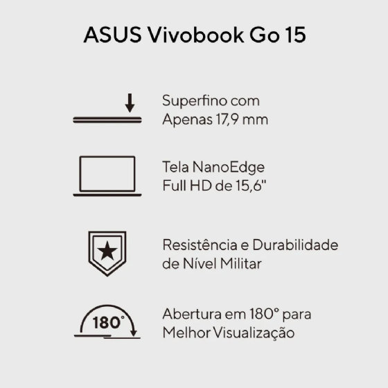 Notebook ASUS Vivobook Go 15, I3-N305 4GB 128GB SSD 15,6'' Full HD Windows 11 Home - Prata