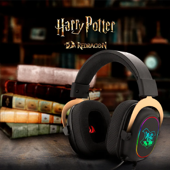 Headset Gamer Redragon Harry Potter Zeus Hogwarts Rgb,preto/Dourado 7.1 Virtual,kit de Customização