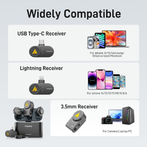 Microfone de Lapela sem Fio Maono Wave T5 Versão Combo Completo Câmera, USB Tipo-C e Lightning
