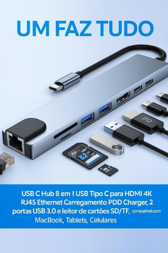 Hub 8 em 1 Tipo-C, HDMI 4K, RJ45 (Gigabit), 2x USB 3.0, Leitor de Cartão SD/TF, PD/USB C, GV Cabos