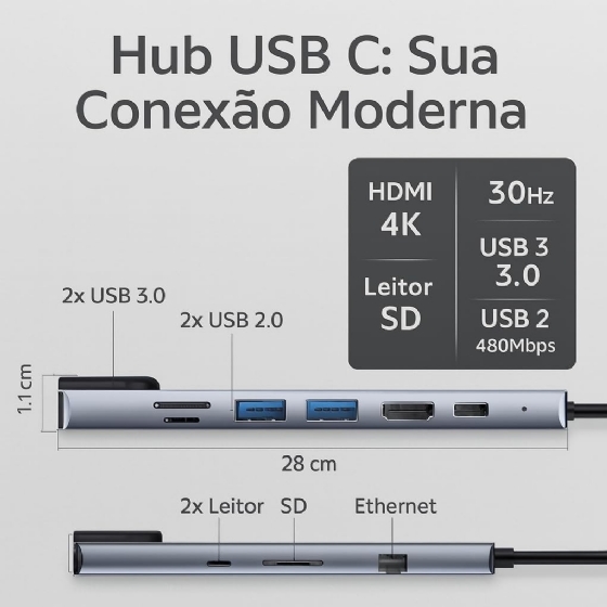 Hub 8 em 1 Tipo-C, HDMI 4K, RJ45 (Gigabit), 2x USB 3.0, Leitor de Cartão SD/TF, PD/USB C, GV Cabos