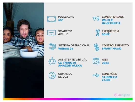 Smart TV 65" Ultra HD 4K LG 65UT8050PSA com Processador A5 GER7 AI, Wi-Fi, Bluetooth, HDMI