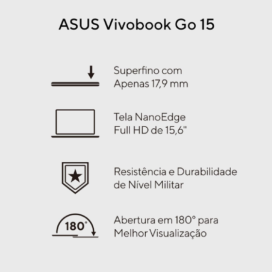 Notebook ASUS Vivobook Go 15, I3-N305, 4GB, 256GB SSD, Windows 11 Home, 15,6 LED FHD - Prata