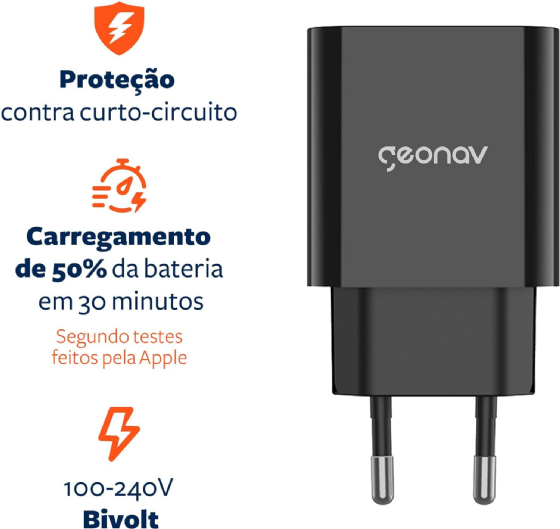 Carregador de Parede Universal Super Power Duo 20W Carregador Ultra Rapido Preto - Geonav