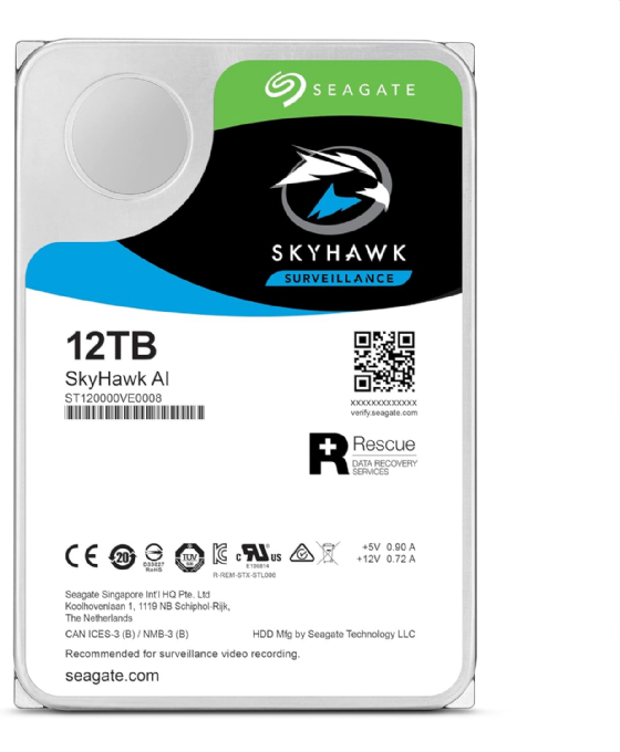 Hard Disk SATA III 12TB 7200RPM 256MB Seagate Skyhawk AI Surveillance para DVR/NVR