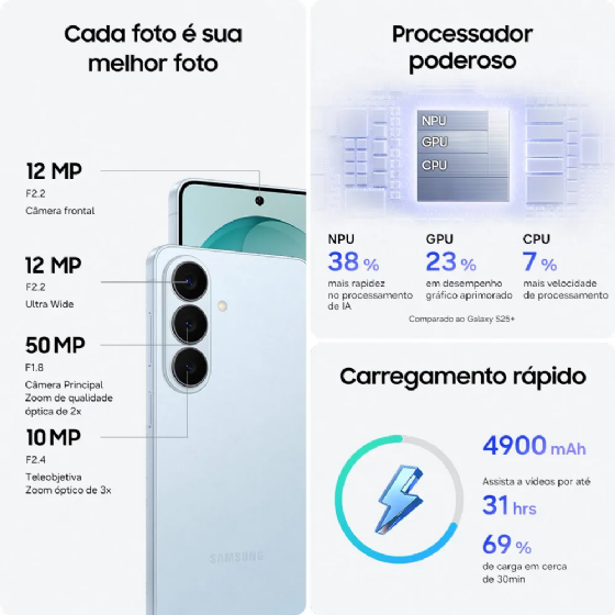 Smartphone Samsung Galaxy S26+ 5G, 256GB 12GB RAM Câmera Tripla de 50+12+10MP Tela 6.7", Violeta