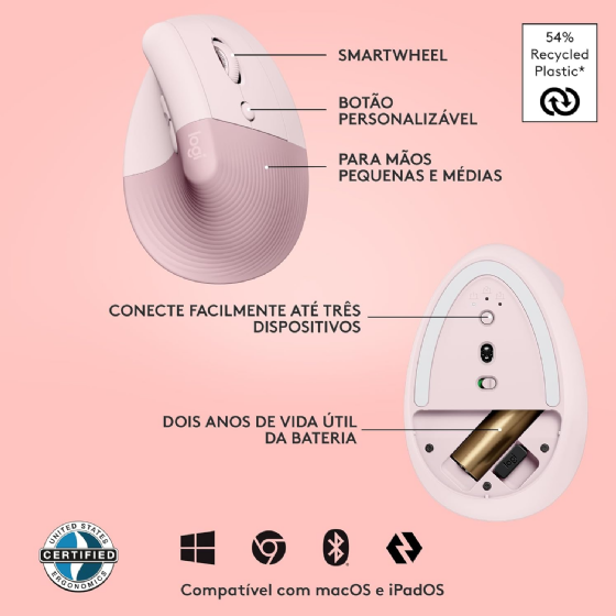 Mouse sem Fio Logitech Lift, 4000 DPI, 6 Botoes, Bluetooth, Ergonômico, USB, Rosa