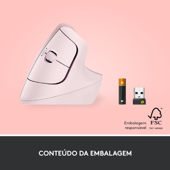 Mouse sem Fio Logitech Lift, 4000 DPI, 6 Botoes, Bluetooth, Ergonômico, USB, Rosa