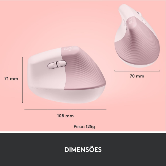 Mouse sem Fio Logitech Lift, 4000 DPI, 6 Botoes, Bluetooth, Ergonômico, USB, Rosa