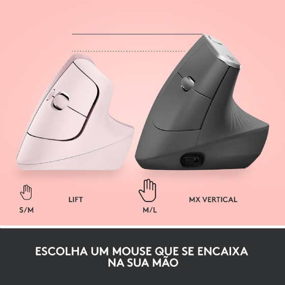 Mouse sem Fio Logitech Lift, 4000 DPI, 6 Botoes, Bluetooth, Ergonômico, USB, Rosa